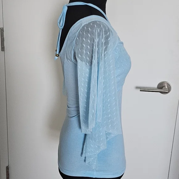 D.i.a Gyaru Blue Batwing Sheer Polka Dot Sleeve Beaded Halter Neck Top With - Picture 3 of 9